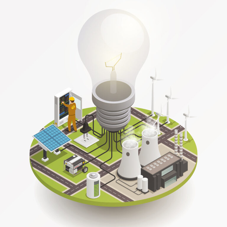 Electric power production and consumption isometric composition with windmill solar cell panels and enormous light bulb vector illustration